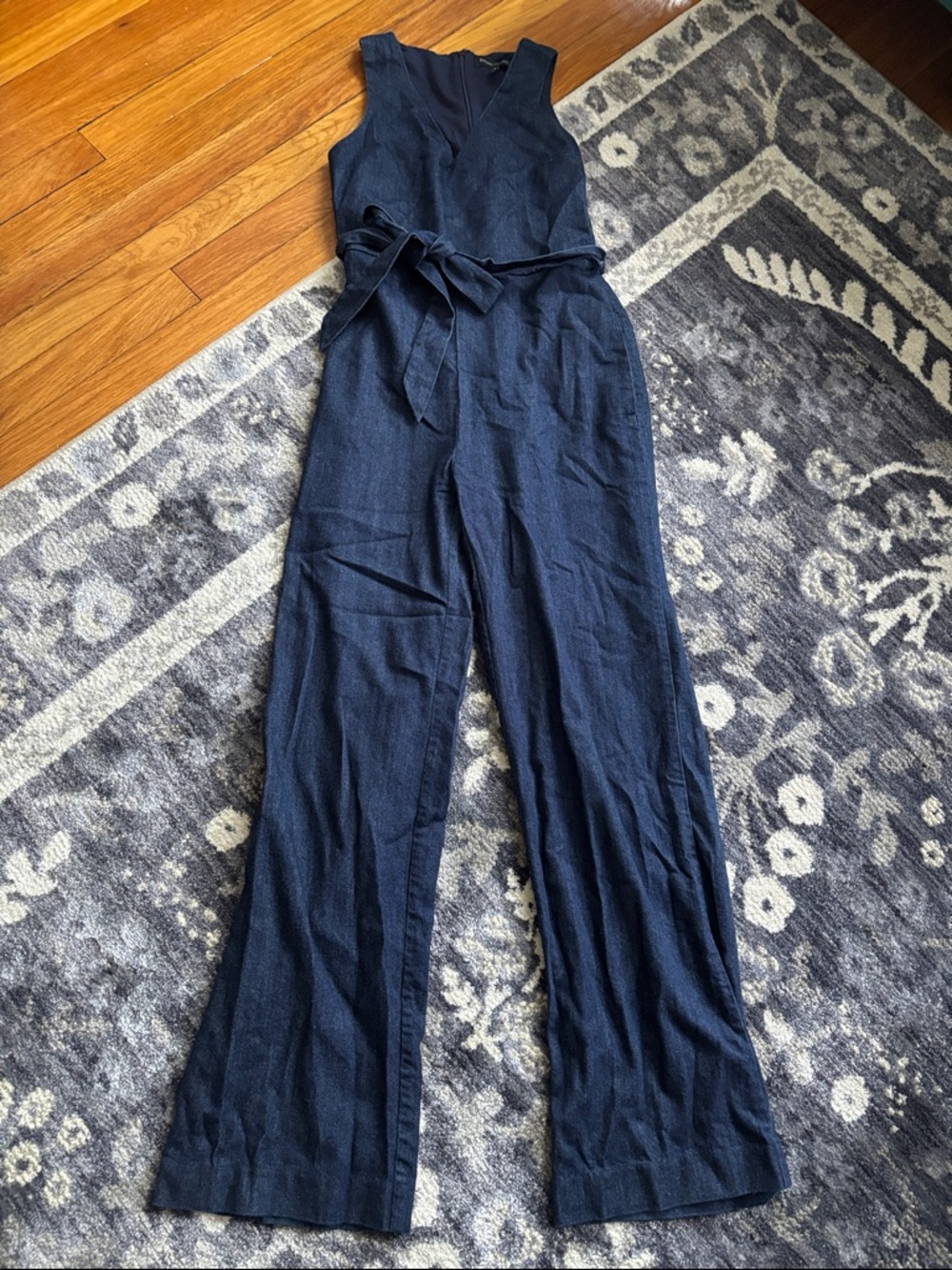 Banana Republic Stretch Jean V-Neck Sleeveless Jumpsuit with Tie Waist